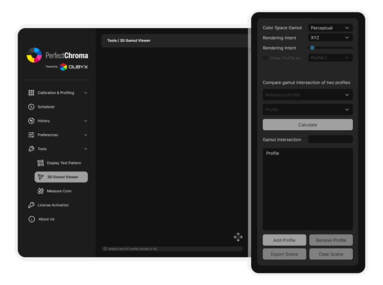 3D gamut visualization in PerfectChroma display calibration software