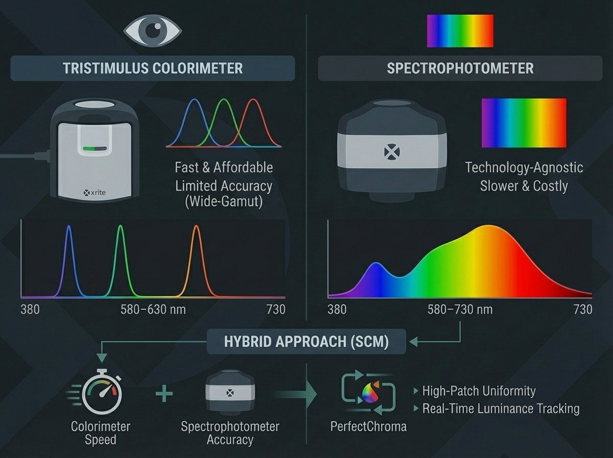 Technical comparison image showing a colorimeter and spectrophotometer for display measurement workflows