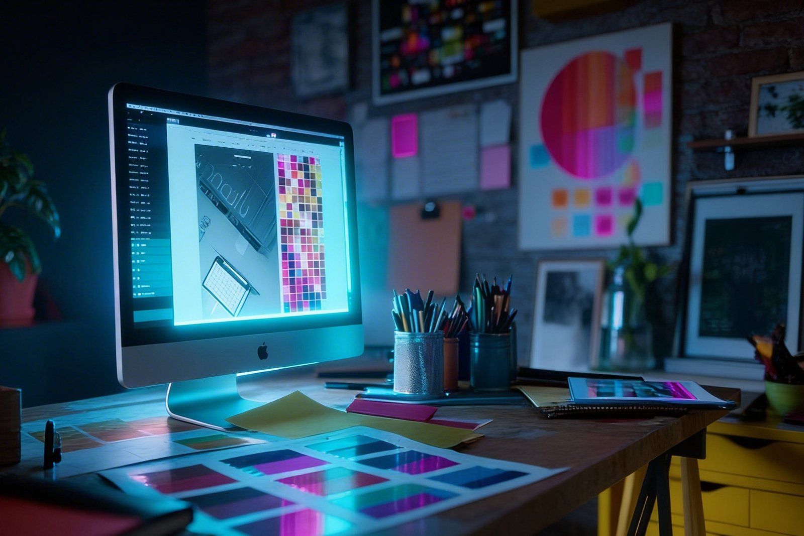 A professional demonstrating monitor calibration for graphic designers to achieve brand colour accuracy across screen and print