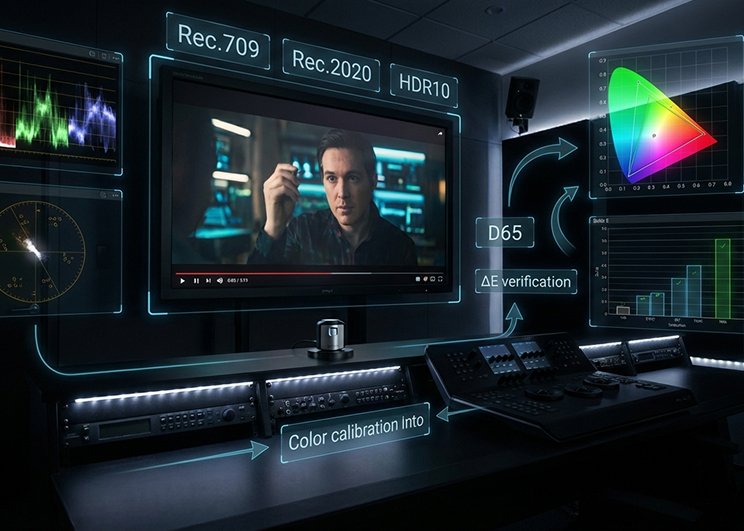 Broadcast monitor calibration verification report showing ΔE compliance for Rec. 709