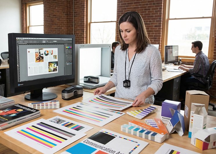 Prepress monitor calibration showing FOGRA soft-proofing workflow