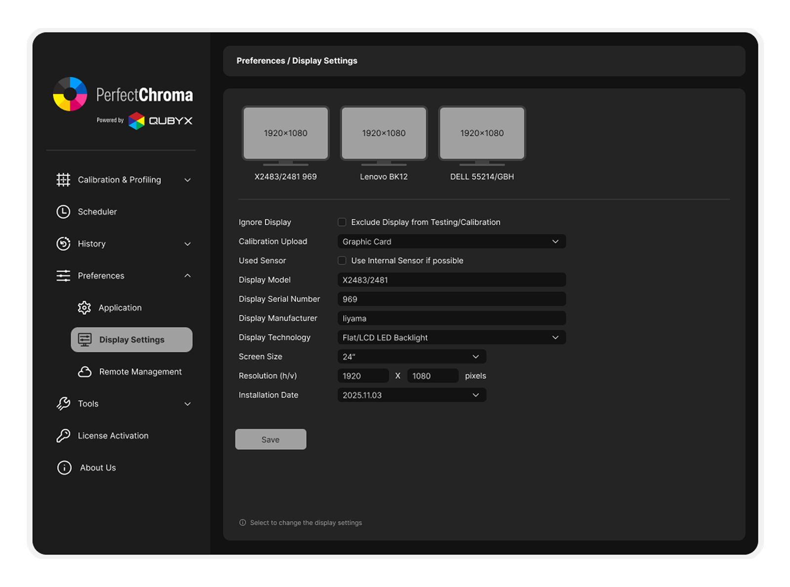 Multi-display management in PerfectChroma display calibration software