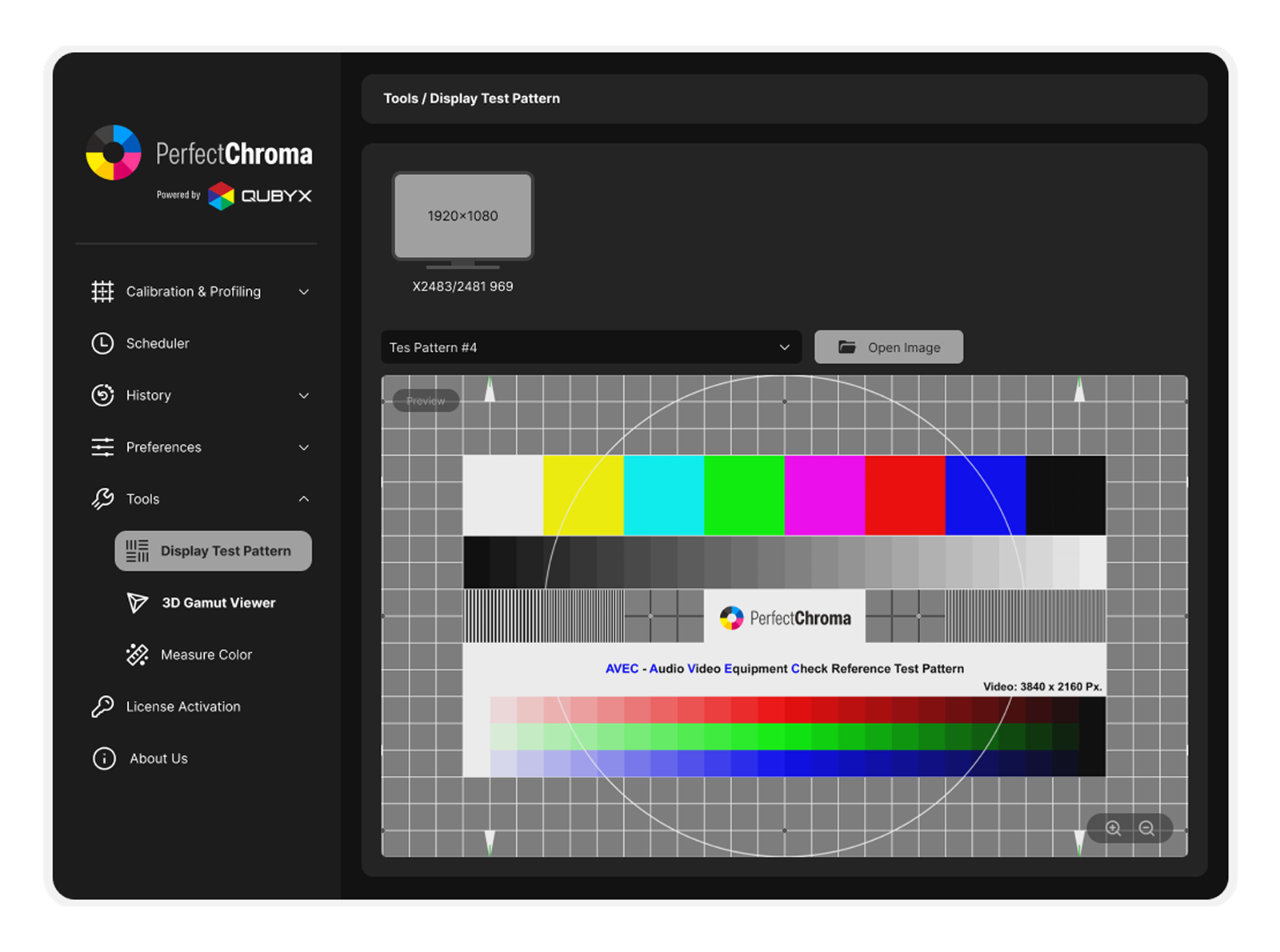 A software interface displaying PerfectChroma smart monitor calibration presets including sRGB, DCI-P3, and Rec. 709